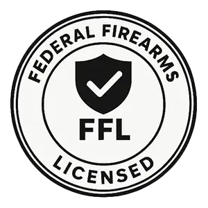 Circular seal with "FEDERAL FIREARMS LICENSED" around the edge and a black shield bearing a white checkmark and the letters "FFL" in the center.