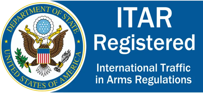 U.S. Department of State seal next to a blue panel reading ITAR Registered International Traffic in Arms Regulations.