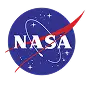 Blue circular NASA insignia with white NASA lettering, a red chevron, and white stars.