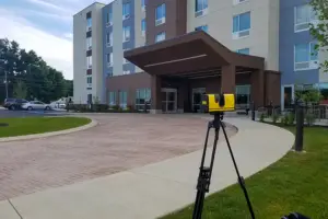 A tripod-mounted camera set up outside a modern multi-story apartment building with a brown entrance canopy and yellow chairs.