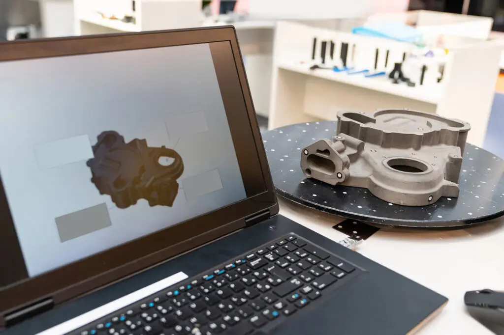 3D scanning metal automotive part on rotary turntable with CAD model displayed on laptop screen in engineering lab