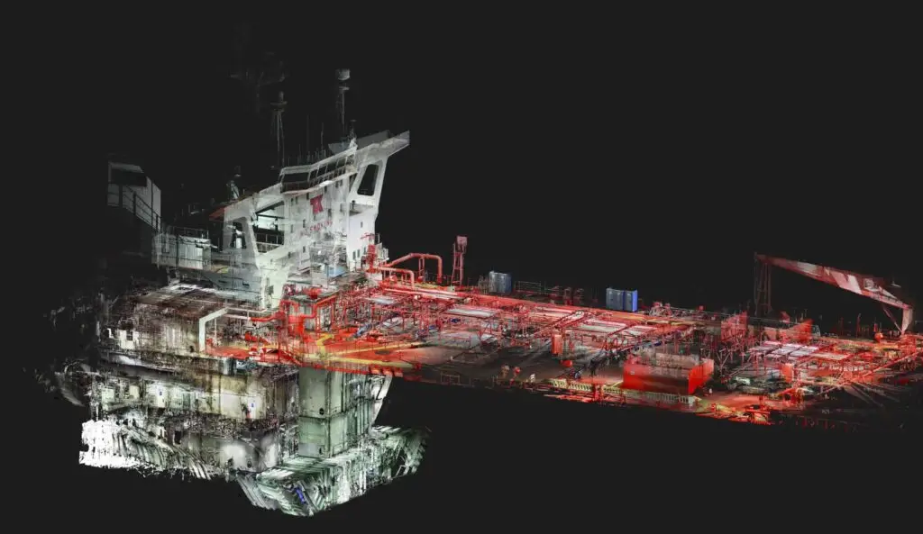 3D LiDAR point cloud scan of an oil tanker ship's superstructure and deck piping with red intensity mapping