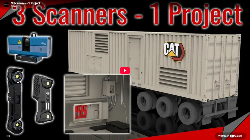 3D scan of CAT container generator on trailer with three 3D scanners, titled 3 Scanners - 1 Project by EMS3D.