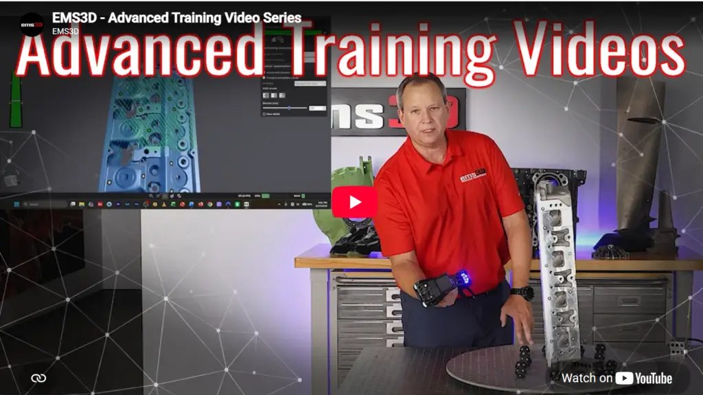 EMS3D Advanced Training Video Series: instructor demonstrating handheld 3D scanner on engine part with scan software on screen.